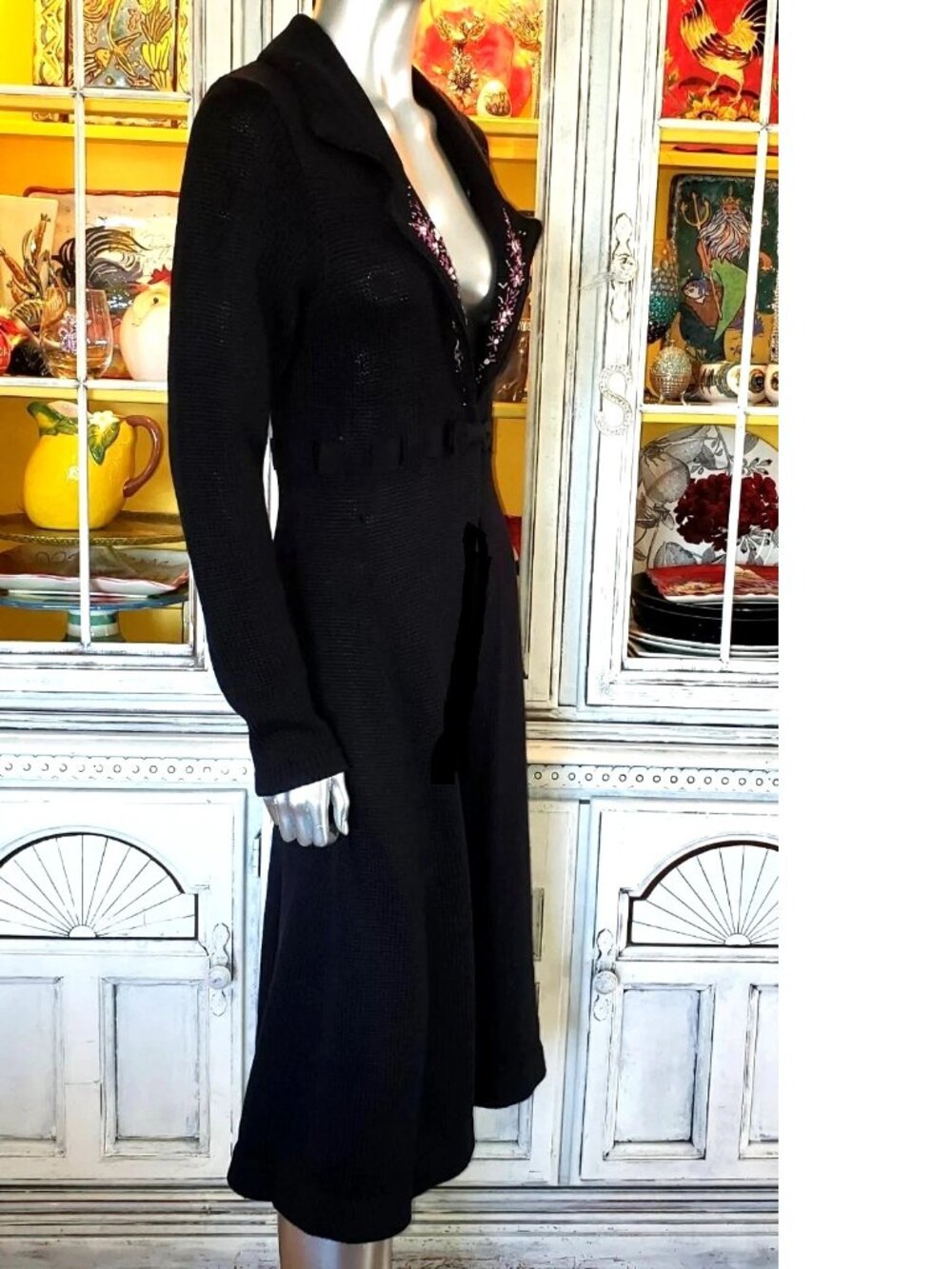 Vintage Betsey Johnson New York Duster Coat Black Sweater Dress Knit Jacket M S - Picture 4 of 14